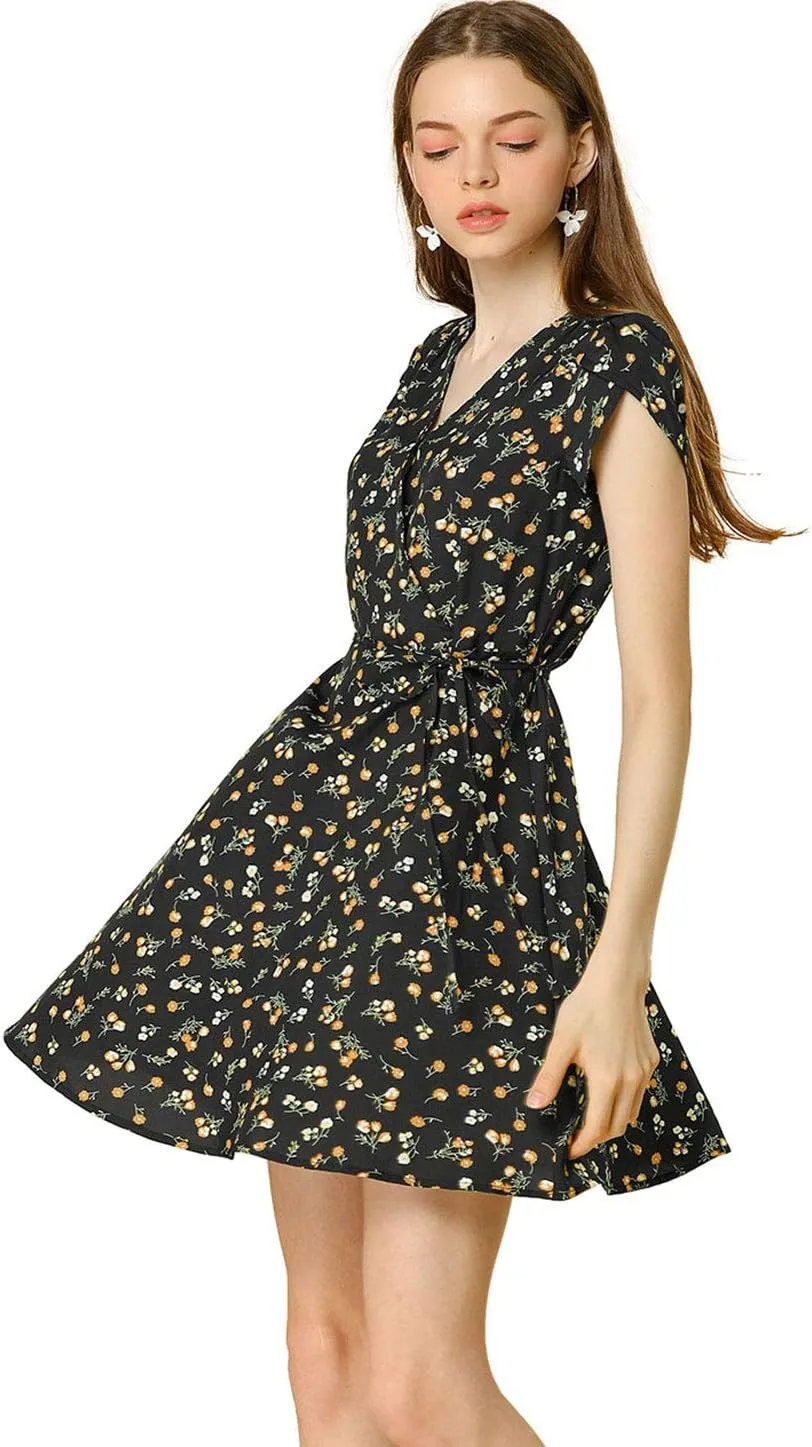 Allegra K Women's Boho Crossover V Neck Petal Sleeves Belted Floral Flowy Dress