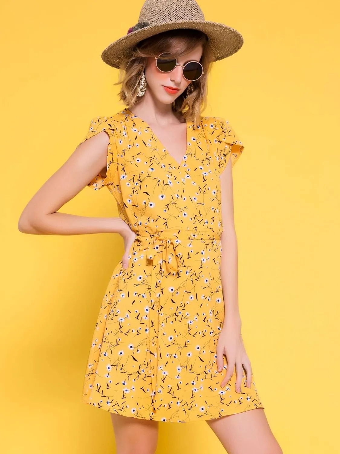 Allegra K Women's Boho Crossover V Neck Petal Sleeves Belted Floral Flowy Dress
