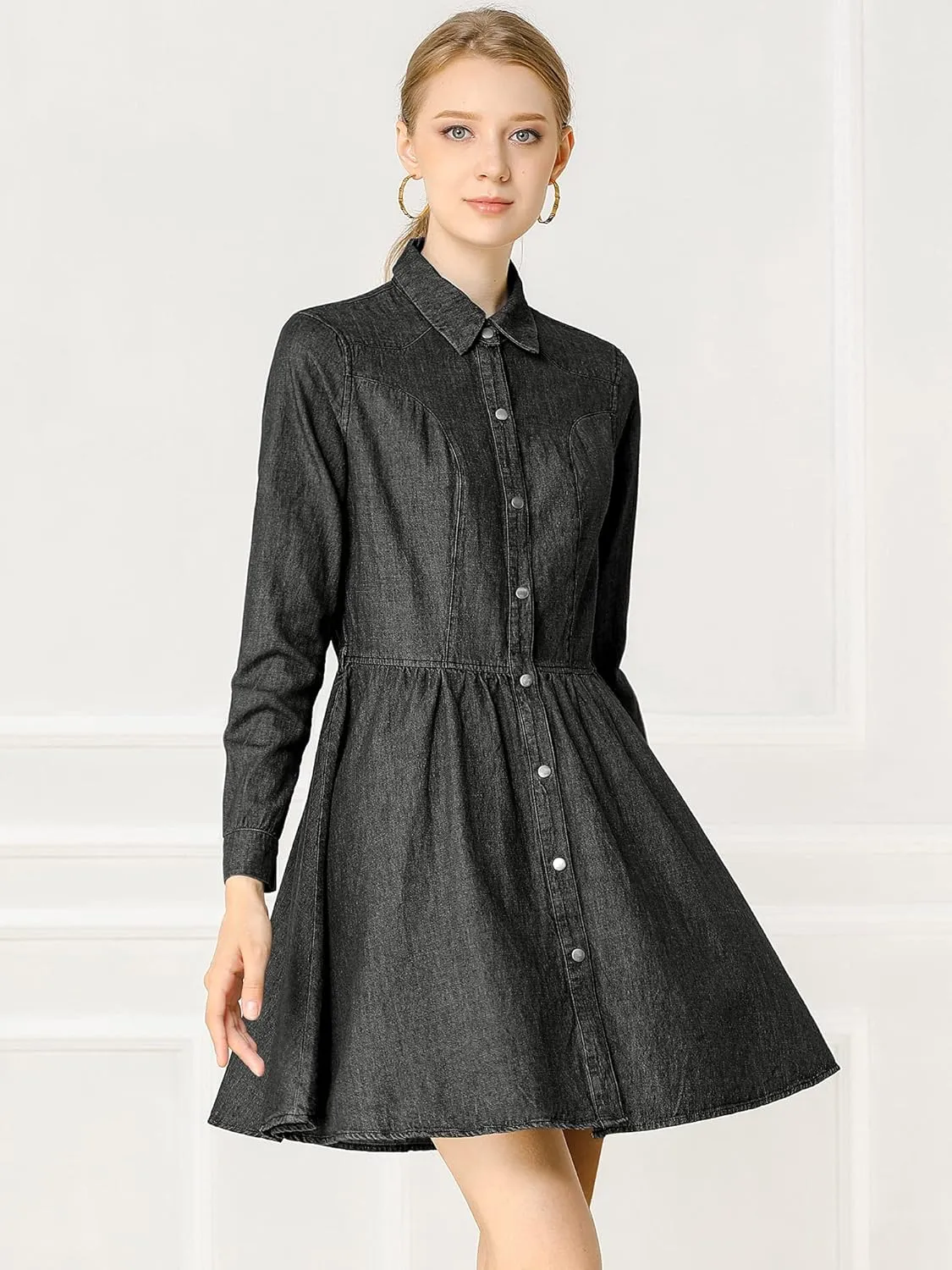 Allegra K Women's Denim Dress Button Down Belted Pleated Flare A-line Shirt Dress