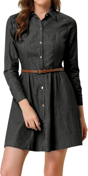 Allegra K Women's Denim Dress Button Down Belted Pleated Flare A-line Shirt Dress