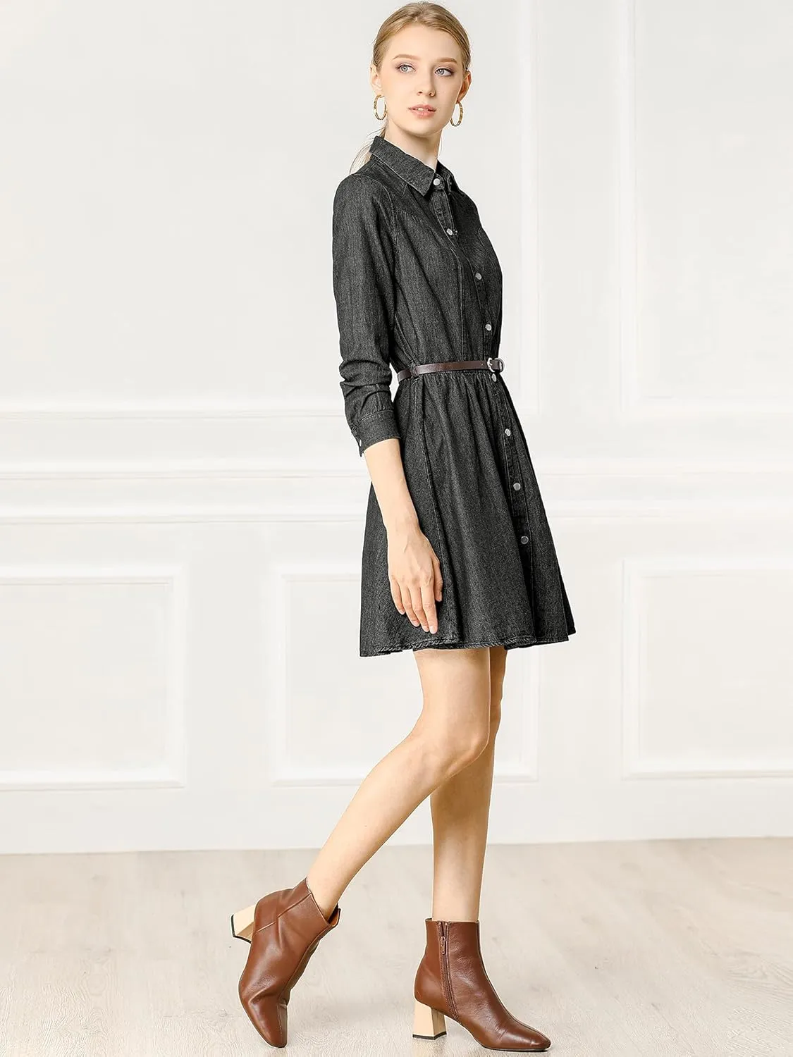 Allegra K Women's Denim Dress Button Down Belted Pleated Flare A-line Shirt Dress