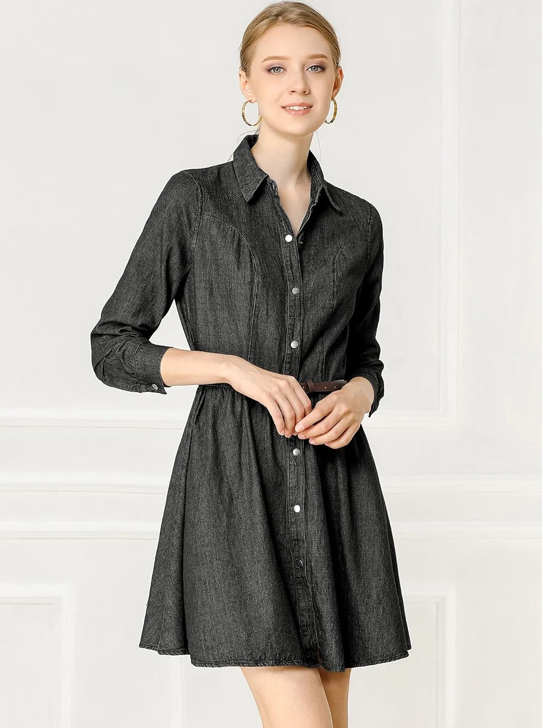 Allegra K Women's Denim Dress Button Down Belted Pleated Flare A-line Shirt Dress