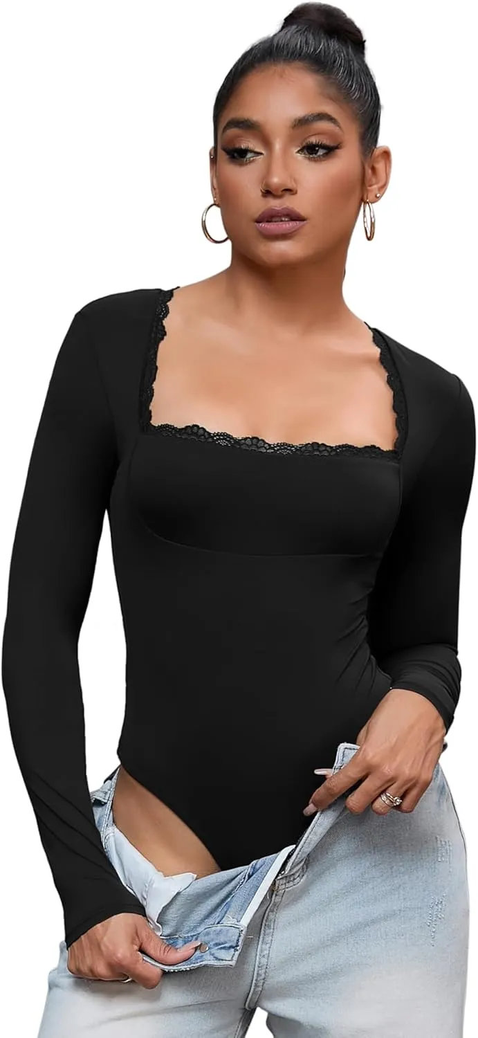 Allegra K Women's Lace Square Neck Shapewear Bodysuit Long Sleeve Tummy Control Leotard Jumpsuit Large Black