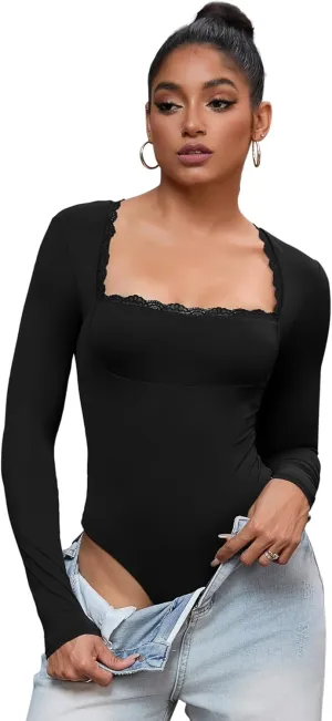 Allegra K Women's Lace Square Neck Shapewear Bodysuit Long Sleeve Tummy Control Leotard Jumpsuit Large Black