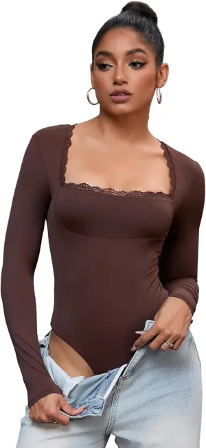 Allegra K Women's Lace Square Neck Shapewear Bodysuit Long Sleeve Tummy Control Leotard Jumpsuit Medium Brown