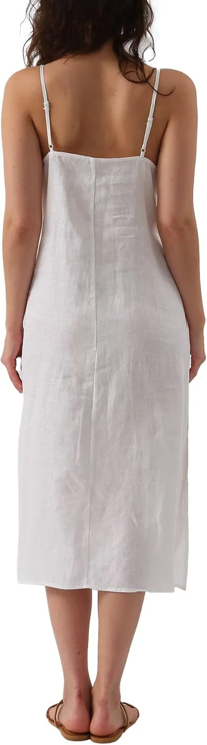 Amazhiyu Womens Pure Linen Summer V Neck Midi Spaghetti Strap Slip Dress with Pockets