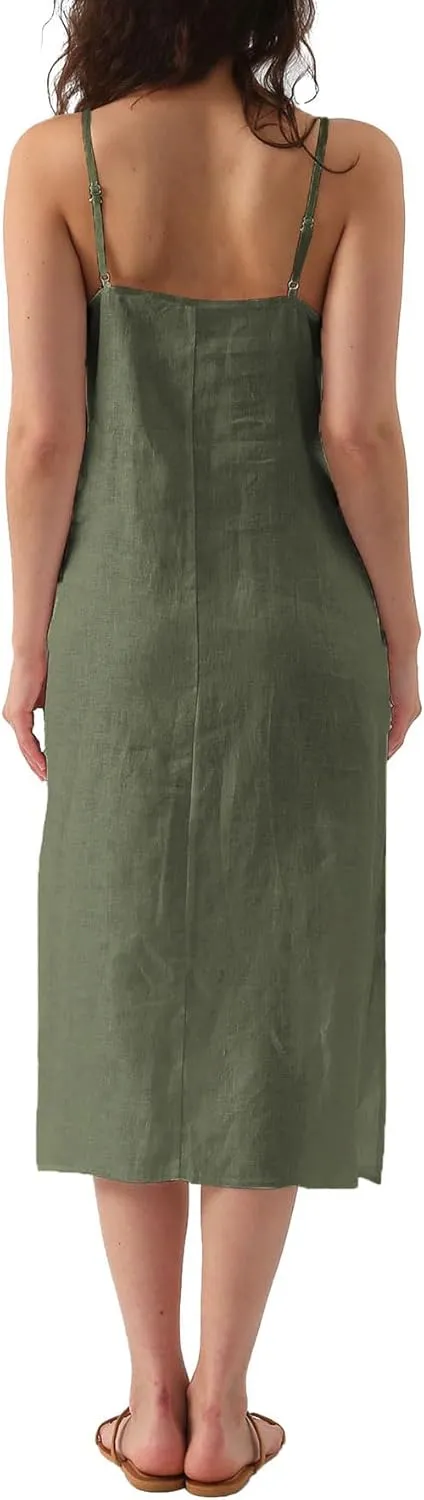 Amazhiyu Womens Pure Linen Summer V Neck Midi Spaghetti Strap Slip Dress with Pockets