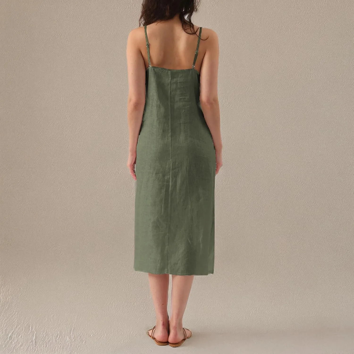 Amazhiyu Womens Pure Linen Summer V Neck Midi Spaghetti Strap Slip Dress with Pockets