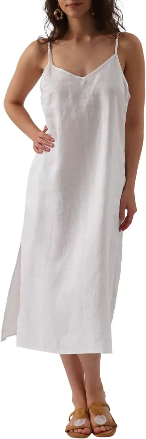 Amazhiyu Womens Pure Linen Summer V Neck Midi Spaghetti Strap Slip Dress with Pockets