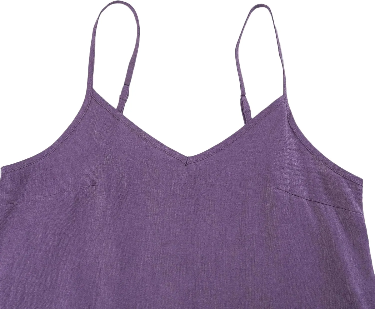 Amazhiyu Womens Pure Linen Summer V Neck Midi Spaghetti Strap Slip Dress with Pockets