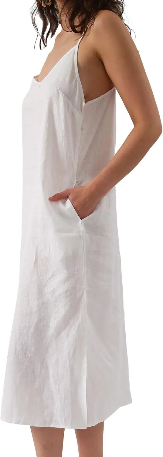 Amazhiyu Womens Pure Linen Summer V Neck Midi Spaghetti Strap Slip Dress with Pockets