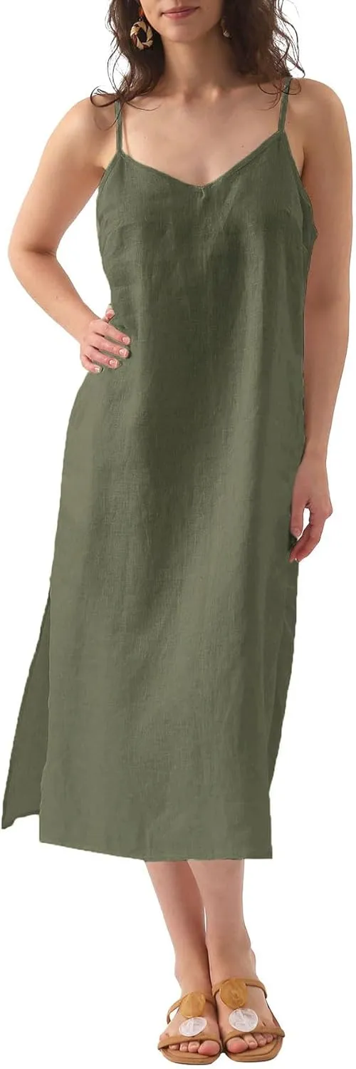 Amazhiyu Womens Pure Linen Summer V Neck Midi Spaghetti Strap Slip Dress with Pockets