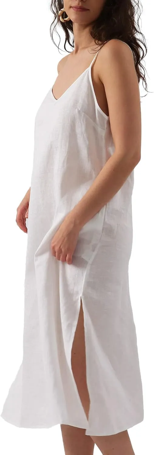 Amazhiyu Womens Pure Linen Summer V Neck Midi Spaghetti Strap Slip Dress with Pockets