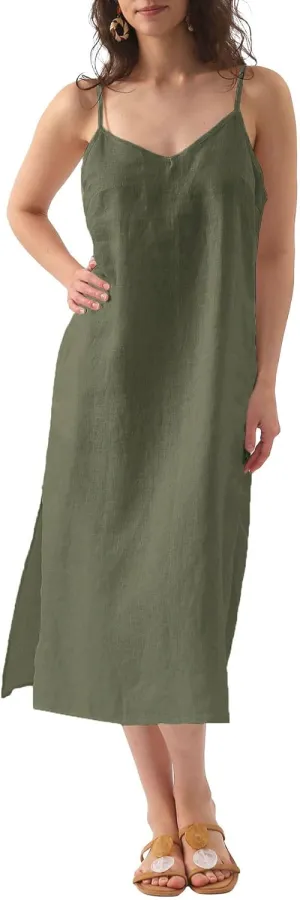 Amazhiyu Womens Pure Linen Summer V Neck Midi Spaghetti Strap Slip Dress with Pockets
