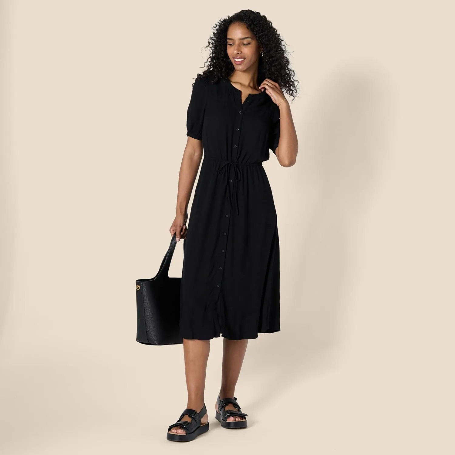 Amazon Essentials Women's Relaxed Fit Half-Sleeve Waisted Midi A-Line Dress