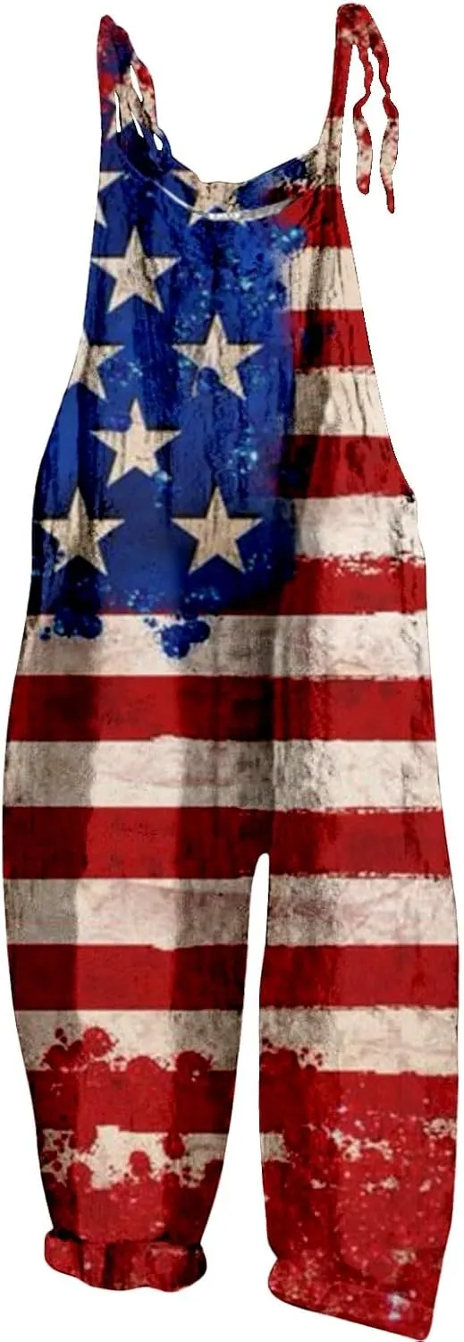 American Flag Overalls Fourth of July Outfit Women Loose Fit Rompers Casual 2025 Summer 4th of July Pants Bib Jumpsuit