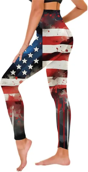 American USA Flag Leggings for Women Patriotic Workout High Waist Yoga Pants Elastic Holiday Stretch Tights