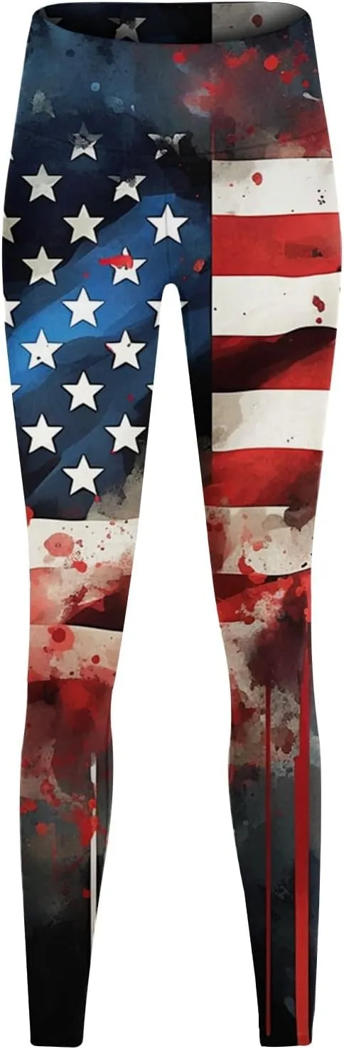American USA Flag Leggings for Women Patriotic Workout High Waist Yoga Pants Elastic Holiday Stretch Tights