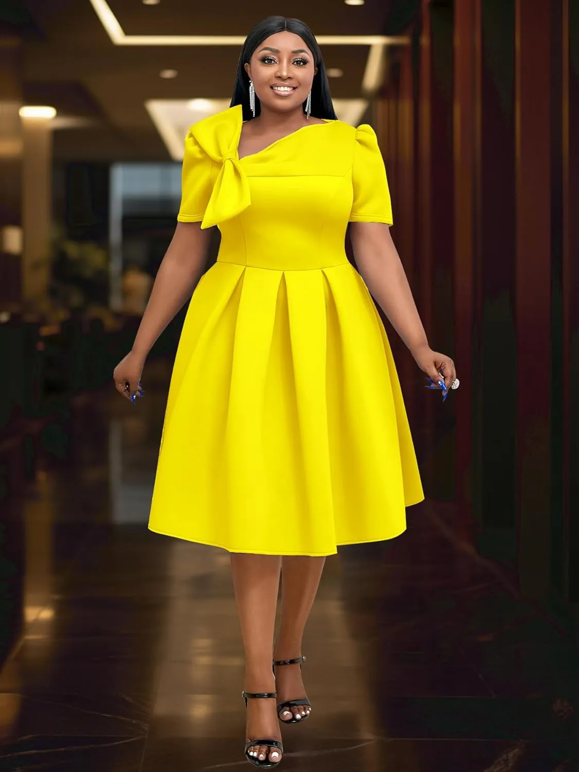 AOMEI Women's Casual Short Sleeve Church Dress Sweet Bow Asymmetric Neck A Line Midi Dress