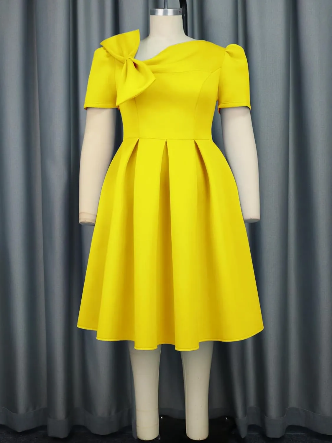 AOMEI Women's Casual Short Sleeve Church Dress Sweet Bow Asymmetric Neck A Line Midi Dress