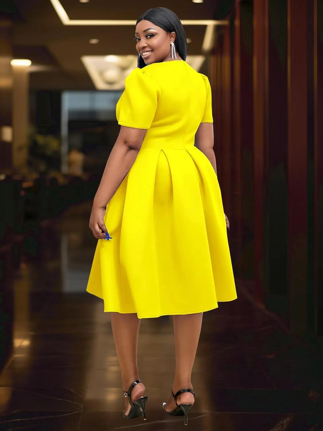 AOMEI Women's Casual Short Sleeve Church Dress Sweet Bow Asymmetric Neck A Line Midi Dress