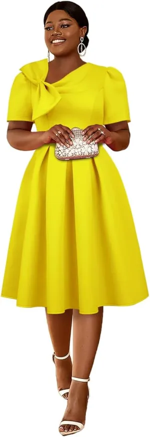 AOMEI Women's Casual Short Sleeve Church Dress Sweet Bow Asymmetric Neck A Line Midi Dress