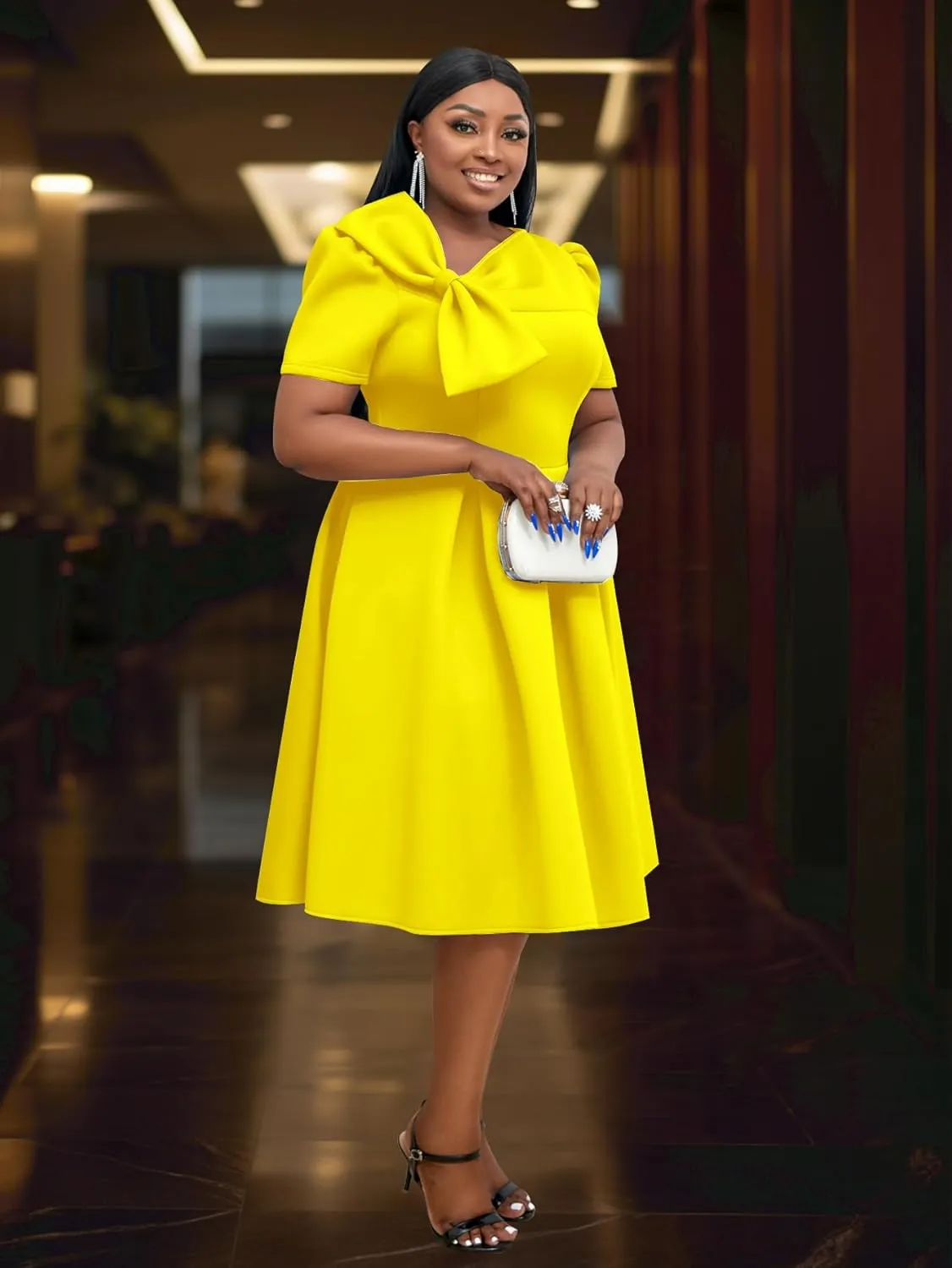 AOMEI Women's Casual Short Sleeve Church Dress Sweet Bow Asymmetric Neck A Line Midi Dress