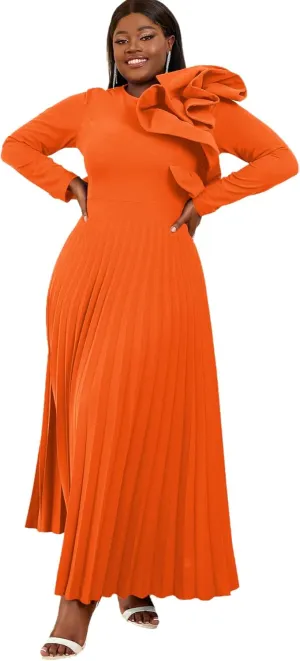 AOMEI Women's Long Sleeve with Asymmetrical Ruffles Pleated A-Line Maxi Dress