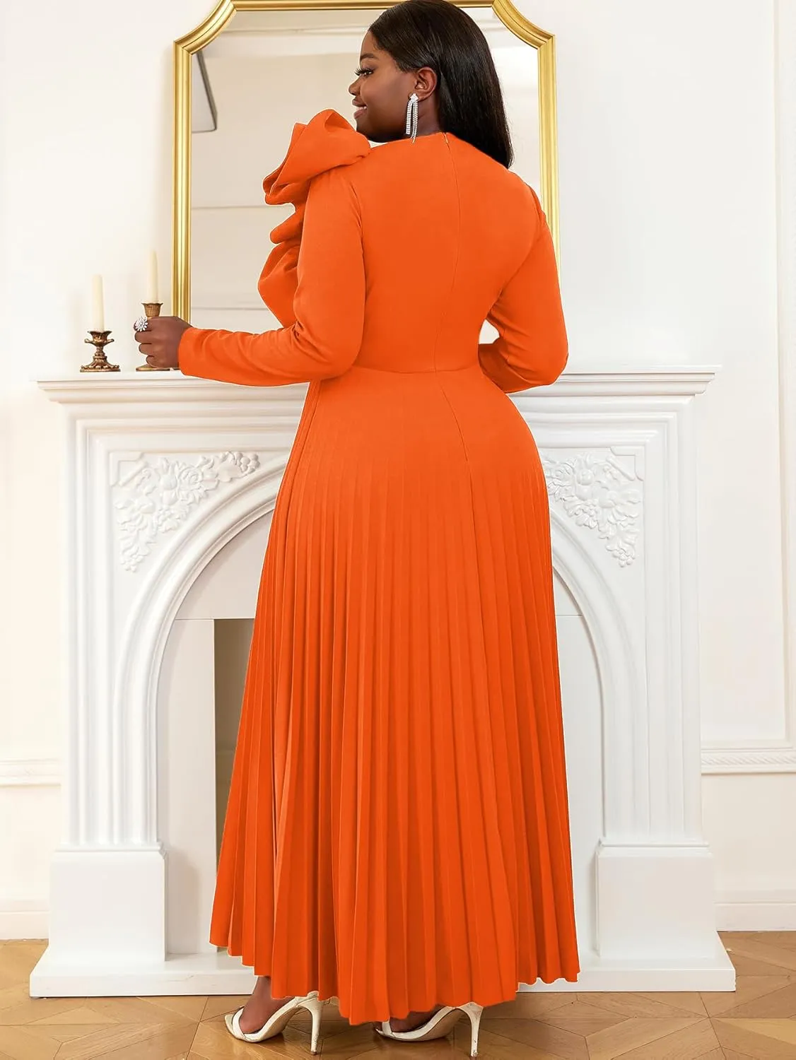 AOMEI Women's Long Sleeve with Asymmetrical Ruffles Pleated A-Line Maxi Dress