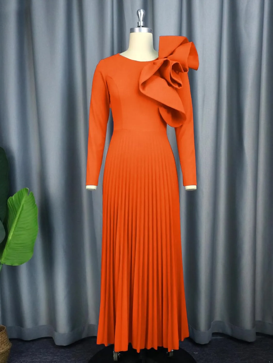 AOMEI Women's Long Sleeve with Asymmetrical Ruffles Pleated A-Line Maxi Dress