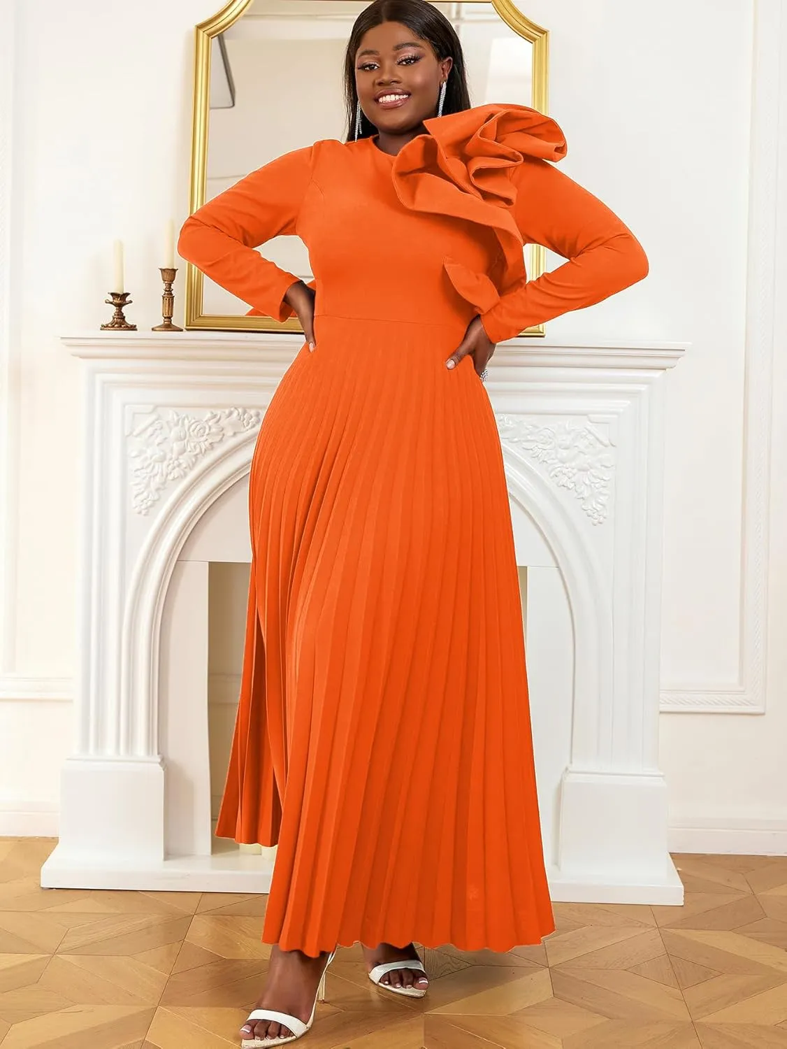 AOMEI Women's Long Sleeve with Asymmetrical Ruffles Pleated A-Line Maxi Dress