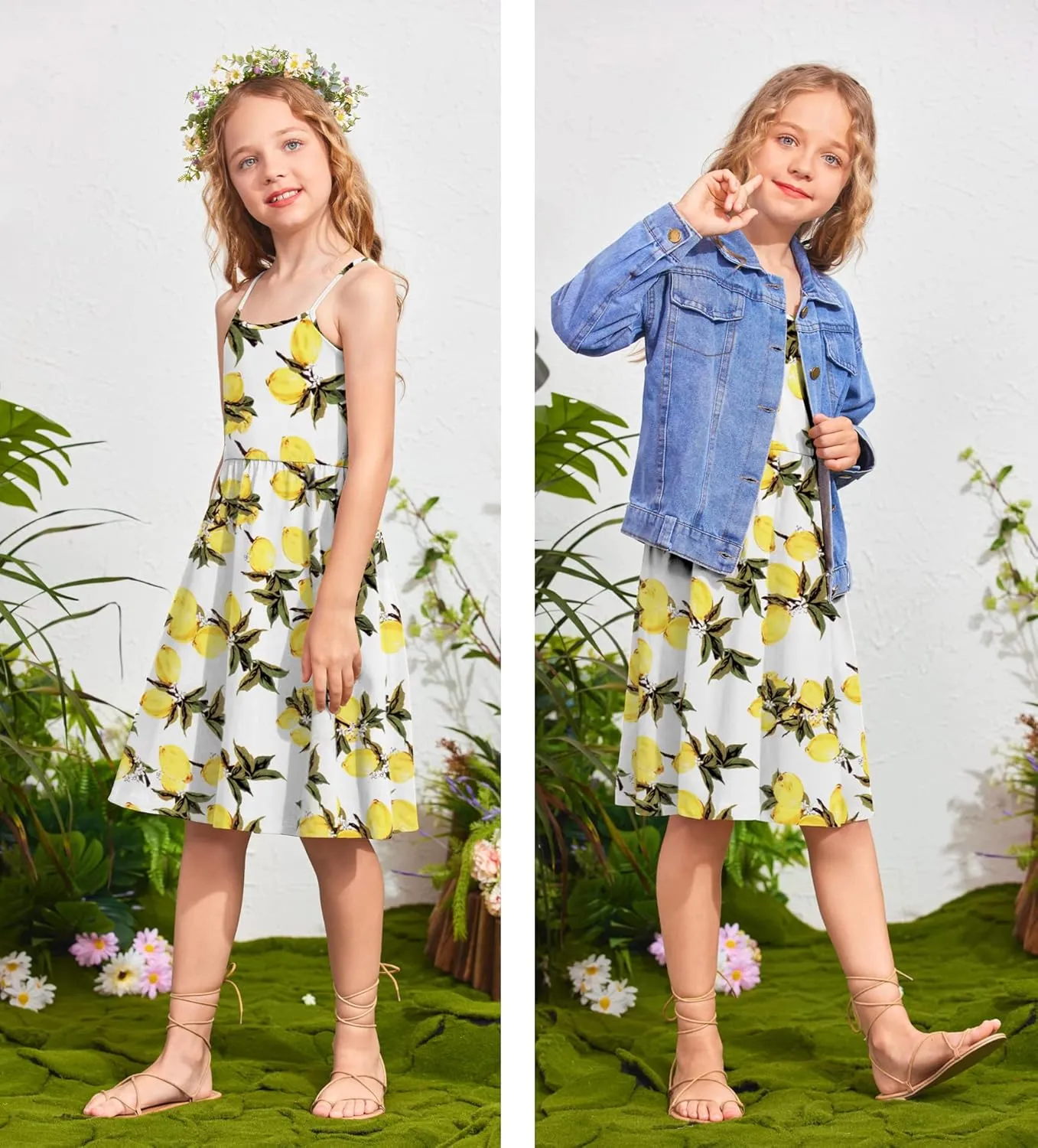 Arshiner Girl Summer Spaghetti Strap Casual Knee Length Cami Dresses for 4-12 Year