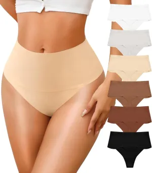 ASIMOON High Waisted Thongs Underwear for Women Seamless Underwear Ladies Soft No Show High Cut Panties 6 Pack