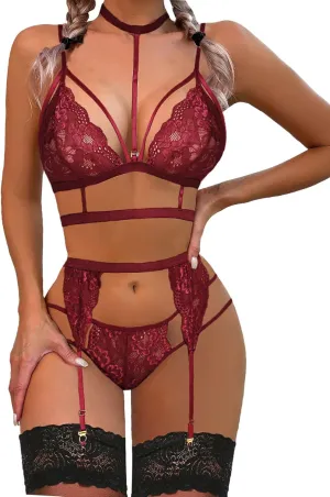 Avidlove Lace Garter Lingerie Set with Removable Choker Teddy Babydoll Strappy Bra and Panty Set (No Stockings)