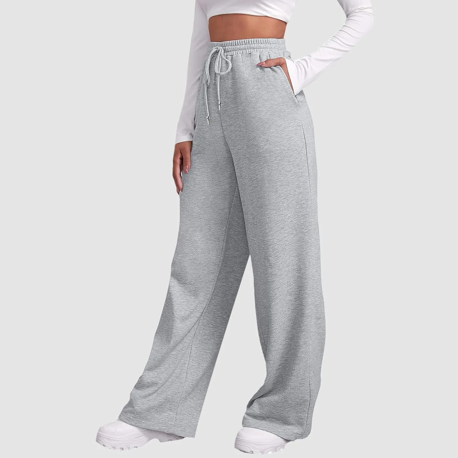 Baggy Casual Sweatpants for Women Wide Straight Leg Drawstring High Waist Pants Workout Jogger Trousers with Pockets
