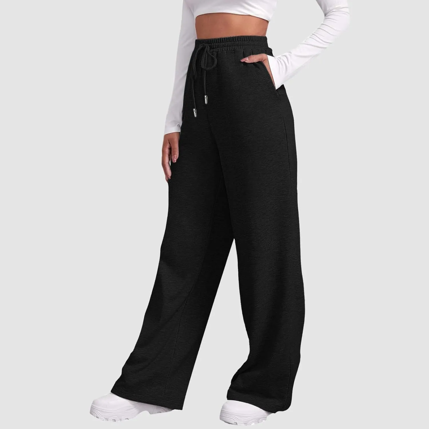 Baggy Casual Sweatpants for Women Wide Straight Leg Drawstring High Waist Pants Workout Jogger Trousers with Pockets