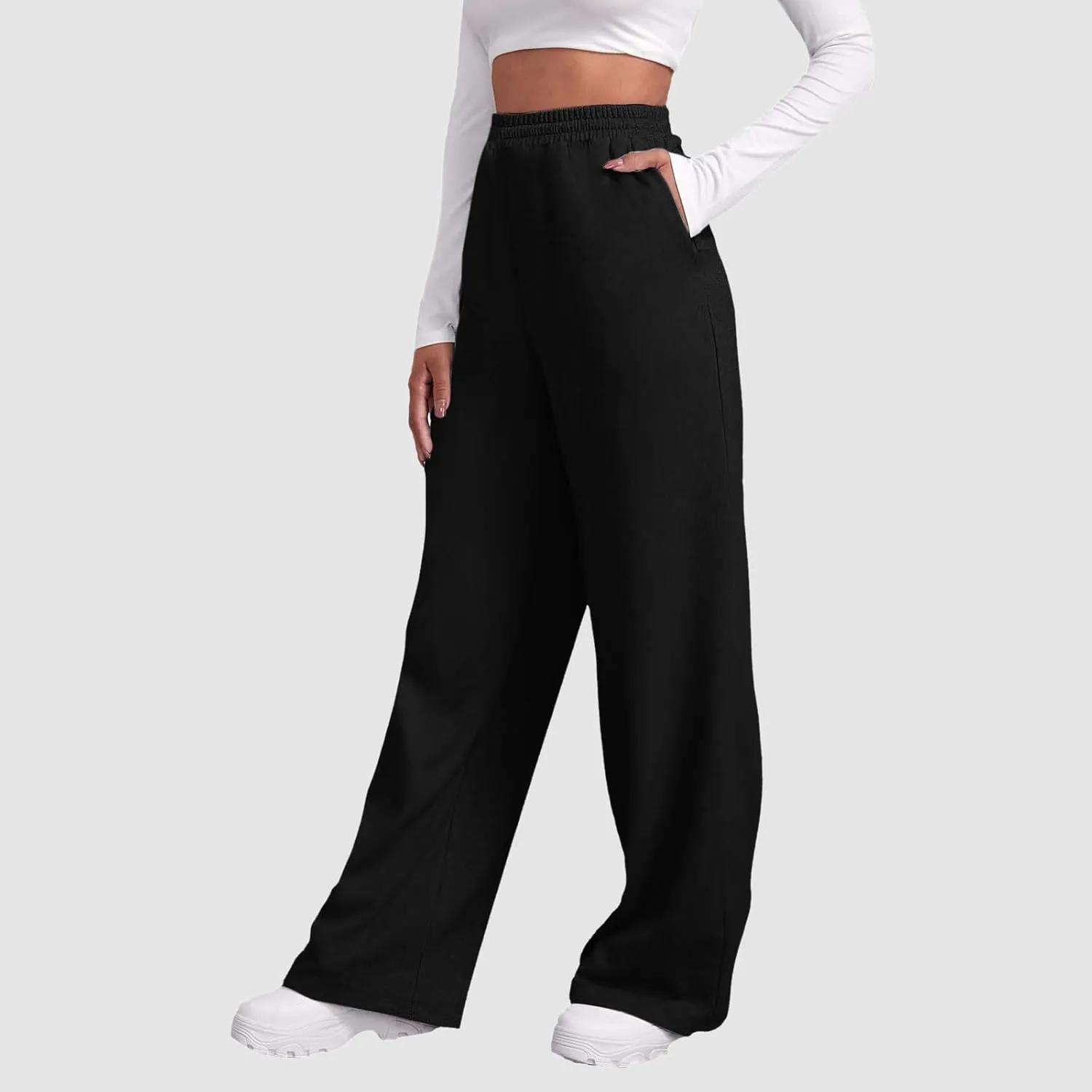 Baggy Casual Sweatpants for Women Wide Straight Leg Drawstring High Waist Pants Workout Jogger Trousers with Pockets