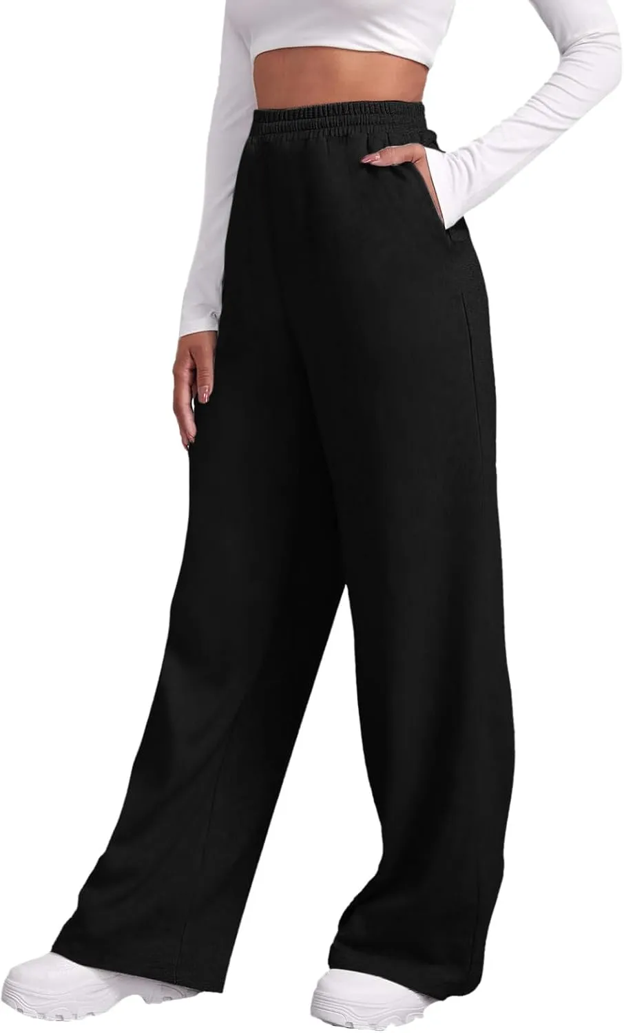 Baggy Casual Sweatpants for Women Wide Straight Leg Drawstring High Waist Pants Workout Jogger Trousers with Pockets