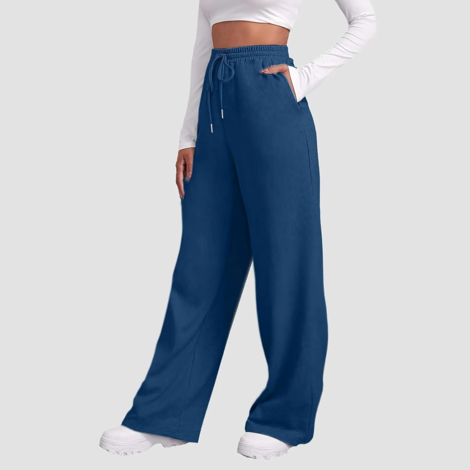 Baggy Casual Sweatpants for Women Wide Straight Leg Drawstring High Waist Pants Workout Jogger Trousers with Pockets