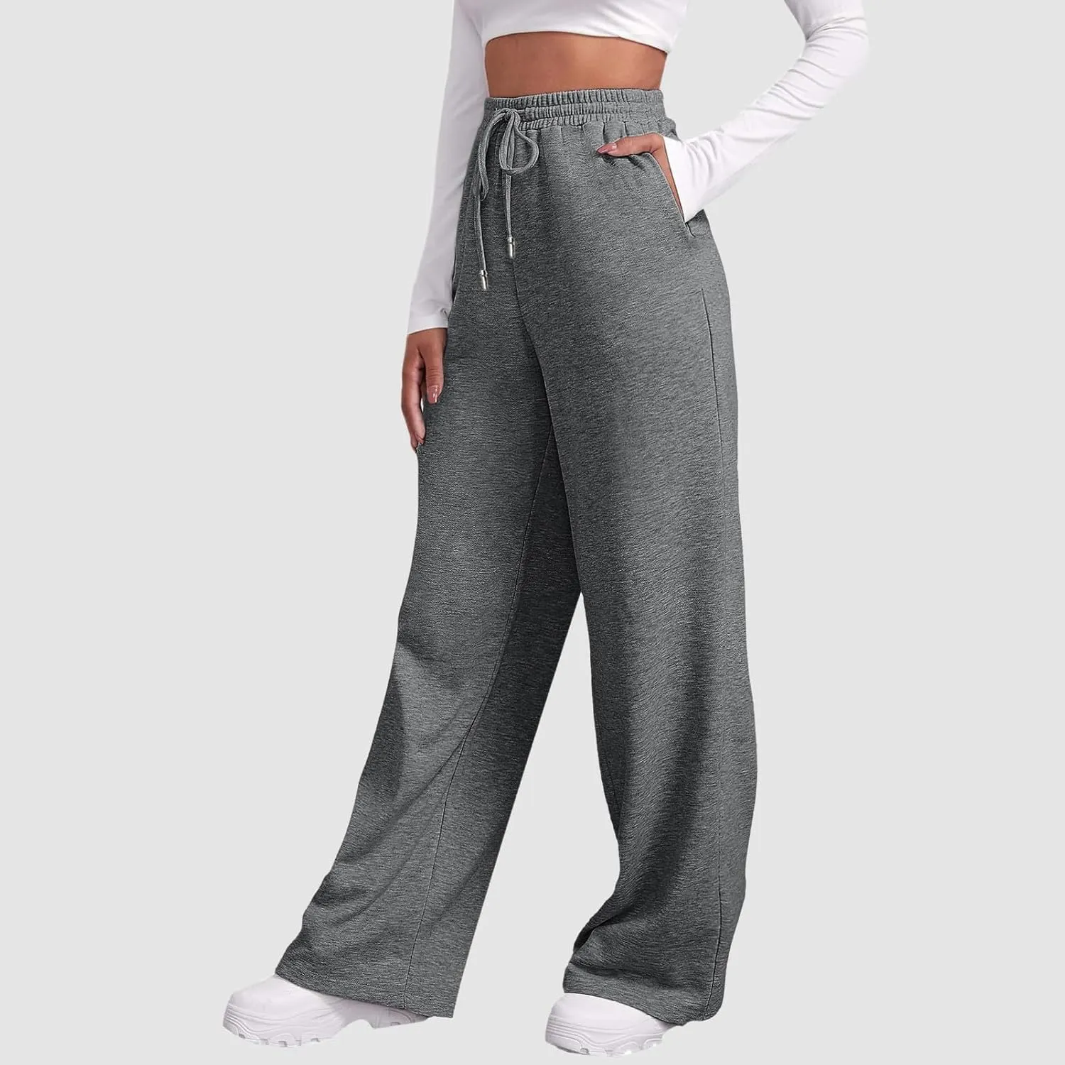 Baggy Casual Sweatpants for Women Wide Straight Leg Drawstring High Waist Pants Workout Jogger Trousers with Pockets