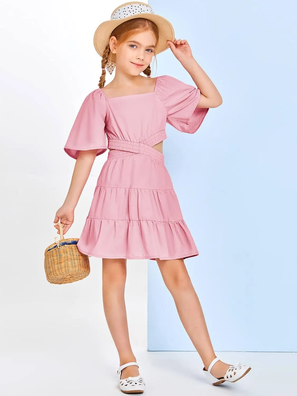 Batermoon Girls Summer Dress Square Neck Short Sleeve Crossover Waist Casual A-line Mini Dress