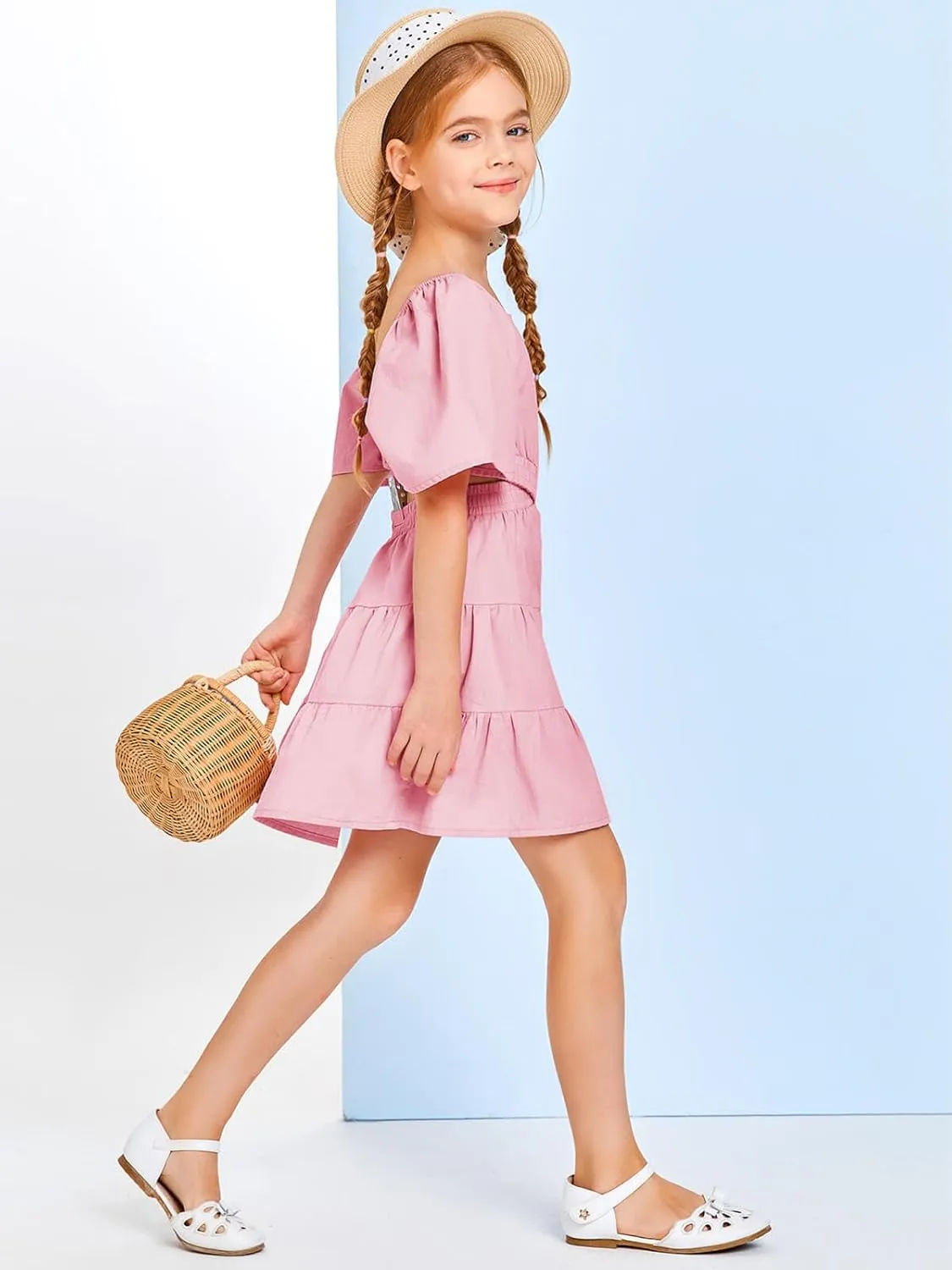 Batermoon Girls Summer Dress Square Neck Short Sleeve Crossover Waist Casual A-line Mini Dress