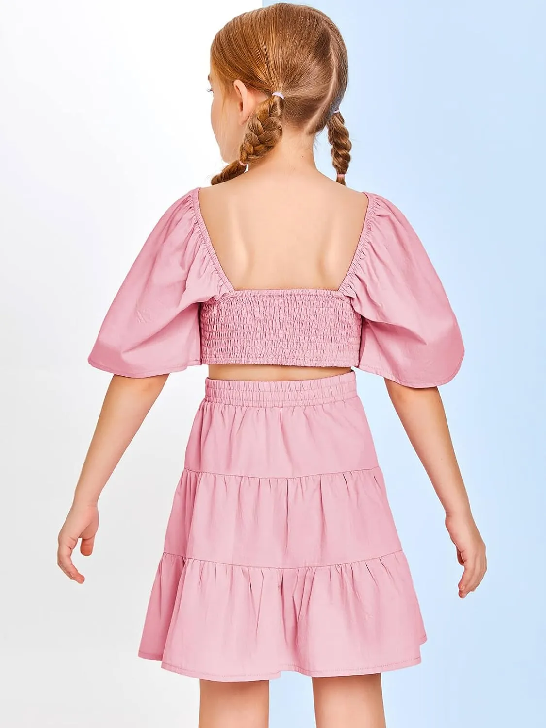 Batermoon Girls Summer Dress Square Neck Short Sleeve Crossover Waist Casual A-line Mini Dress