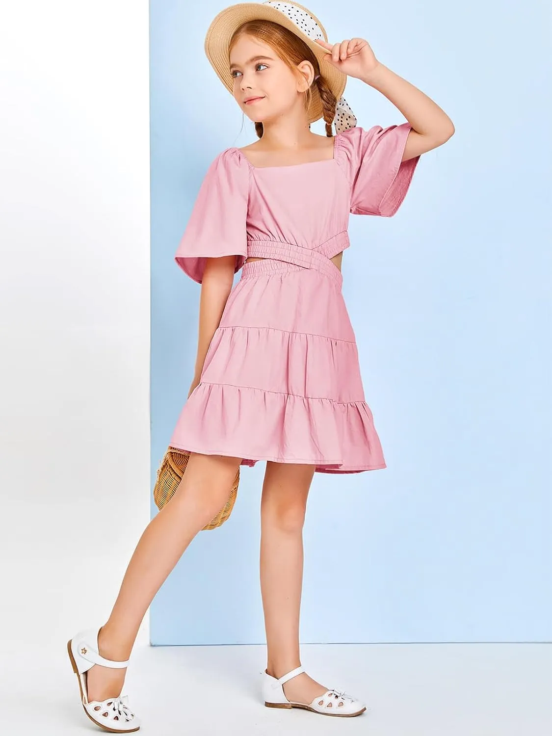 Batermoon Girls Summer Dress Square Neck Short Sleeve Crossover Waist Casual A-line Mini Dress