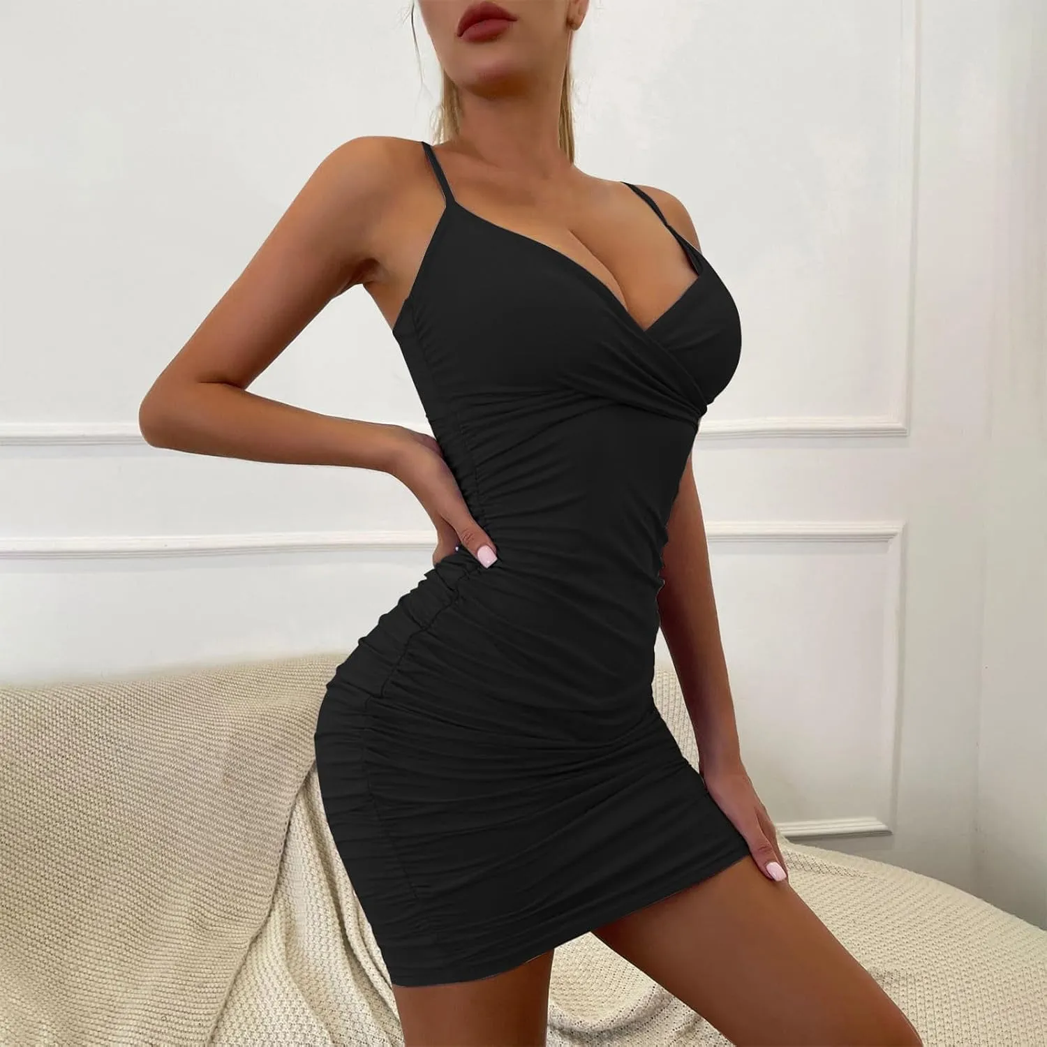 Black Slip Dress for Women Sexy Spaghetti Strap Camisole Mini Bodycon Knee Length Nightwear Beach Outfits