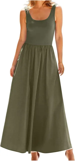Boho Dresses for Women 2025 Casual Crewneck Sleeveless Long Dresses Flowy Summer Maxi Sundresses with Pockets
