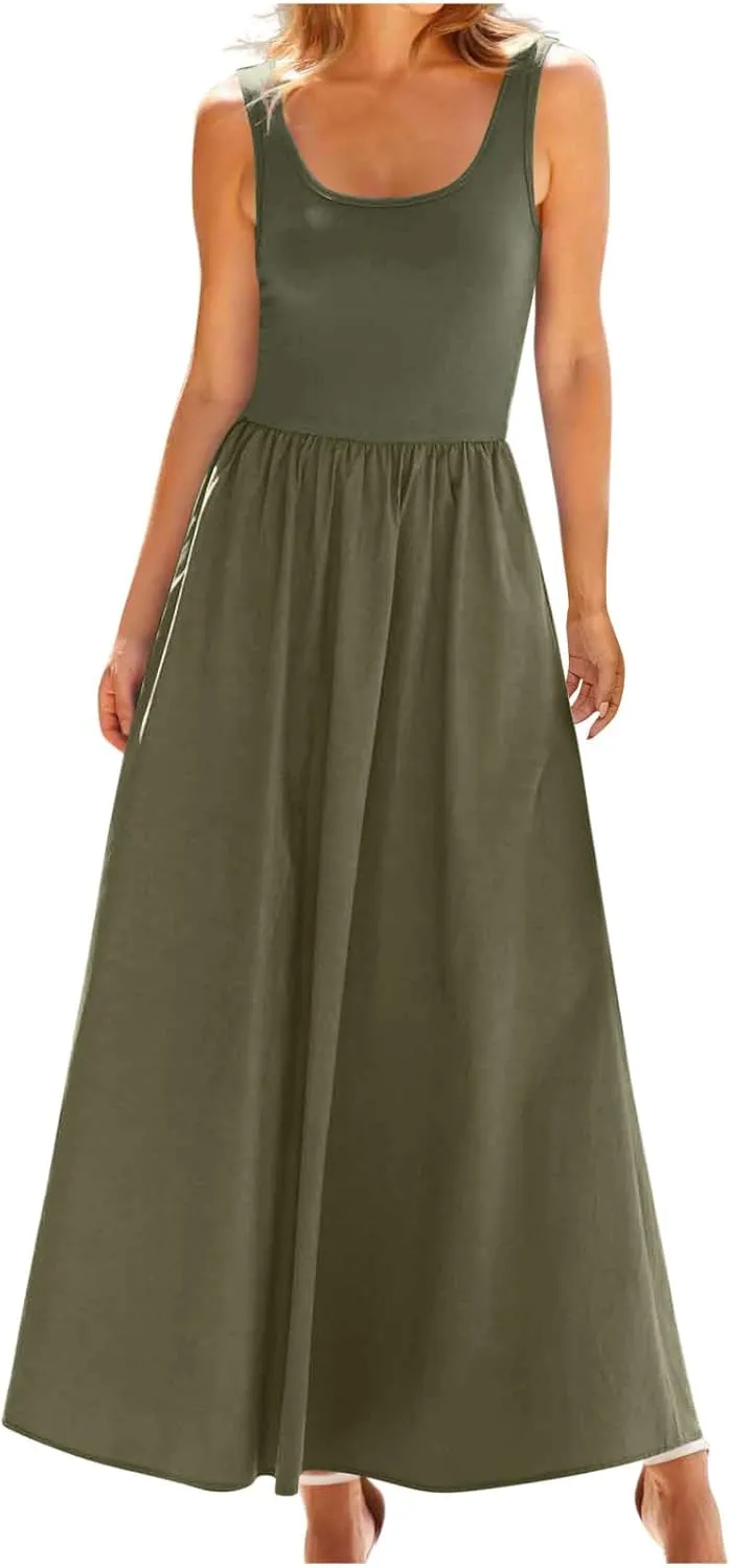 Boho Dresses for Women 2025 Casual Crewneck Sleeveless Long Dresses Flowy Summer Maxi Sundresses with Pockets