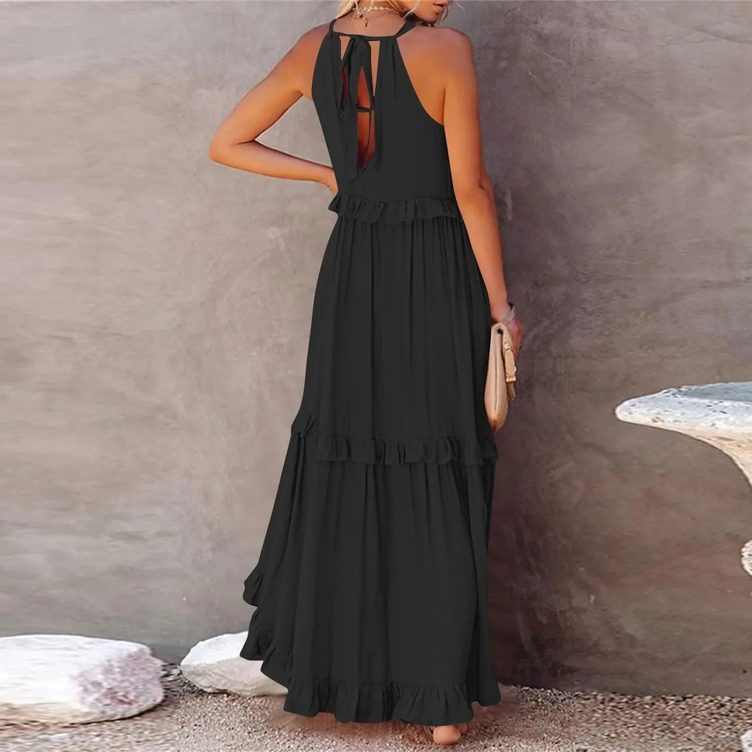 Boho Dresses for Women,2025 Summer Flowy Ruffle Tiered Swing Smocked Beach Sundress,Sleeveless Halter Maxi Dress