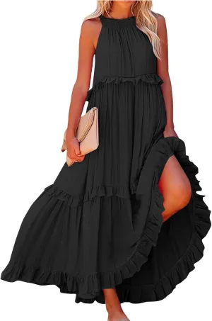 Boho Dresses for Women,2025 Summer Flowy Ruffle Tiered Swing Smocked Beach Sundress,Sleeveless Halter Maxi Dress