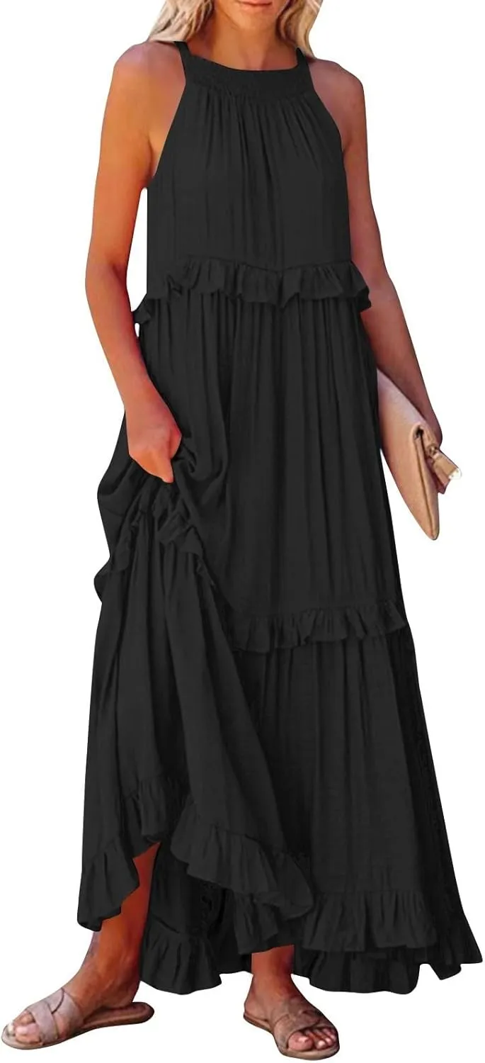 Boho Dresses for Women,2025 Summer Flowy Ruffle Tiered Swing Smocked Beach Sundress,Sleeveless Halter Maxi Dress